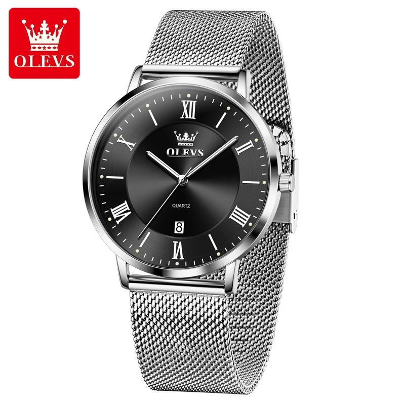 

OLEVS Мужские часы Минимализм Ультратонкие Оригинальные кварцевые наручные часы Водонепроницаемые Светящиеся сетчатые часы с календарем Подарки чёрный/серебряный