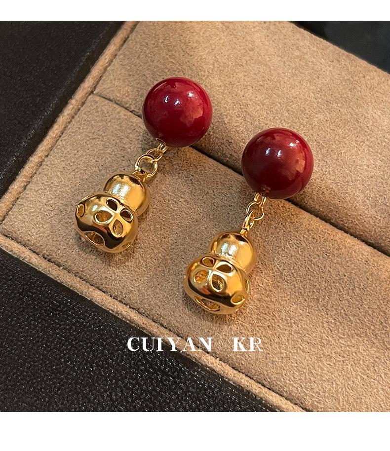 Cui Yan S925 Sterling Silver Chinese Style Red Cinnabar Gourd Stud Earrings for Women - New Year Edition