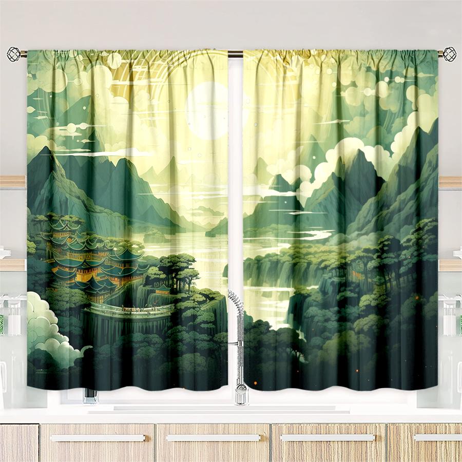2 Pcs Landscape painting print curtains,suitable for bedroom,living room kitchen decoration,home decoration,window decoration