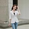 Women Suit Coat Lapel 3/4 Sleeve Button Placket Summer Suit Jacket Solid Color Thin Breathable Casual Coat