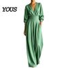 Everyday Wear Jumpsuit Women's Long Sleeve Jumpsuit, Deep V Neck Loose Wide Leg Plus Size Women Rompers, High Waist Summer Casual One Piece