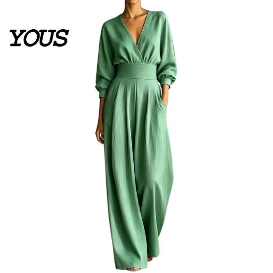 Everyday Wear Jumpsuit Women's Long Sleeve Jumpsuit, Deep V Neck Loose Wide Leg Plus Size Women Rompers, High Waist Summer Casual One Piece