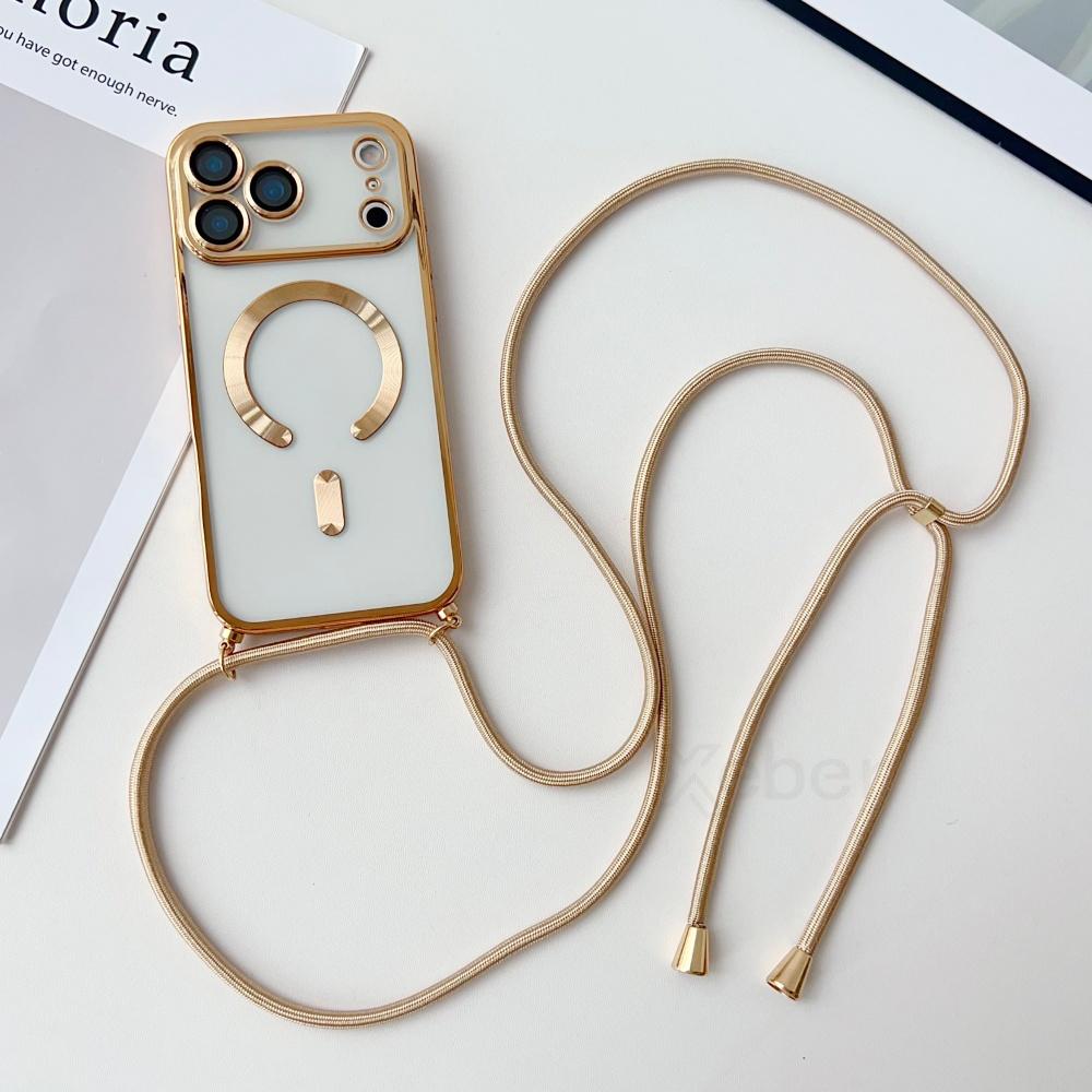Crossbody Necklace Lanyard Plating Magnetic Case For iPhone 17 Pro Max 16 15 13 12 14 Plus Clear For Magsafe Soft Silicone Cover
