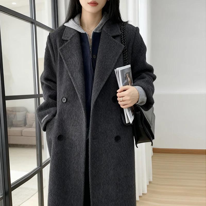 Front Shoulder Double-sided Wool Coat Women's Medium and Long, Autumn and Winter Black and Gray Woolen Coat