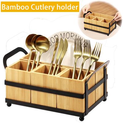 Bamboo Silverware Cutlery Holder Caddy Organizer 4 Compartments Countertop Kitchen Cooking Utensil Organizer With Double Handle