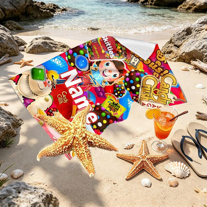 Custom Name Personalized Candy Crush Saga Print Beach Towel, for Trip Camping Beach Party Home Decor, Birthday Gift for Family & Friends