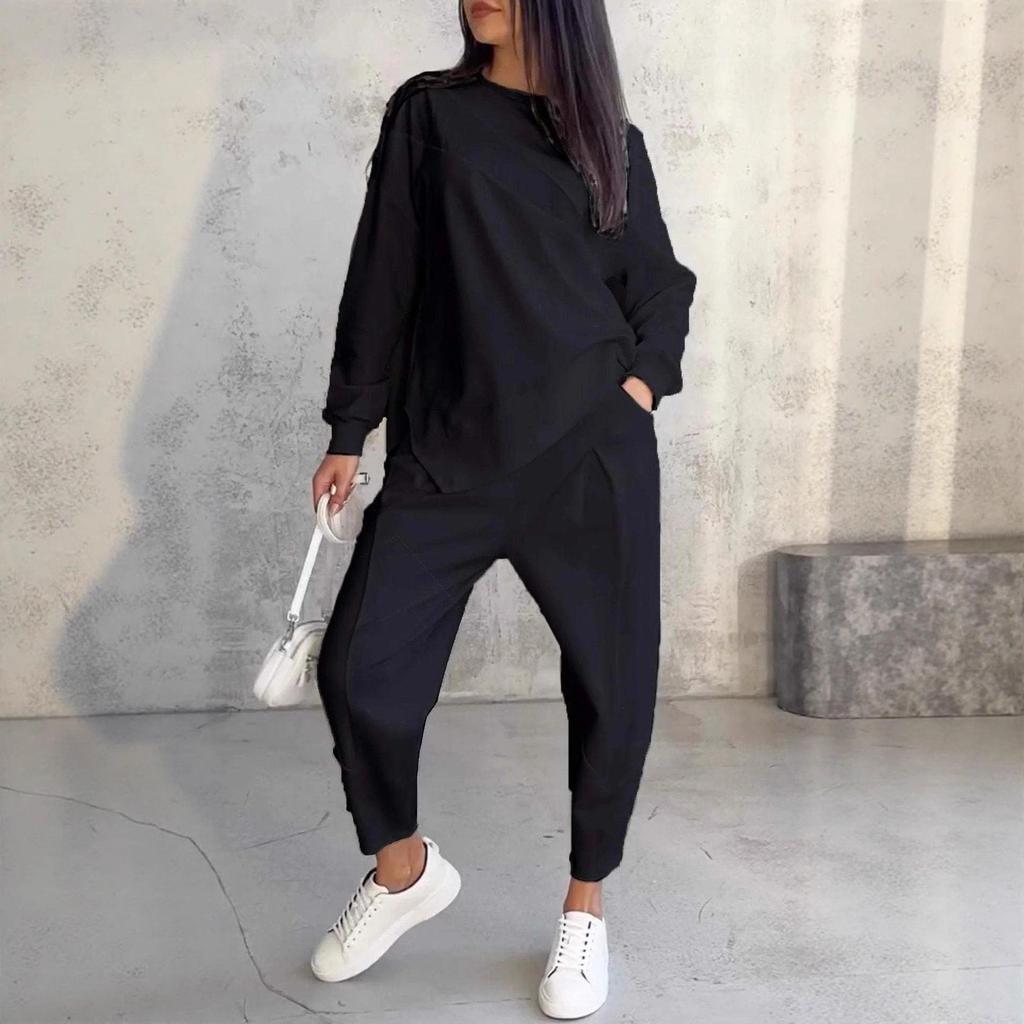 2025 Fall/Winter Women's Casual Round Neck Loose Long Sleeve Irregular Sweatshirt Set