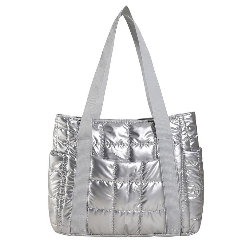 

Корейская повседневная хлопковая одежда сумки-тоуты, женские модные клетчатые сумки через плечо с вышивкой, европейская и американская модная персонализированная сумка-тоут One size серебряный