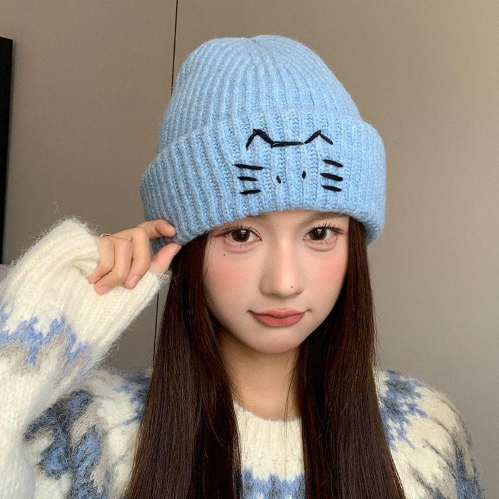 Embroidered Kitten Knit Beanies Warm Printing Knit Cap Cute Cat Knitted Hat  Apparel Accessories
