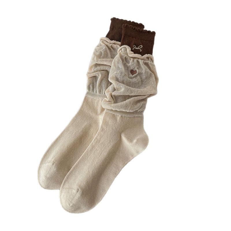 Ballet-style Dui Dui Socks for Women, Spring and Summer Embroidered Bow, Heart-shaped Mid-calf Socks, Double-layer Cotton Socks
