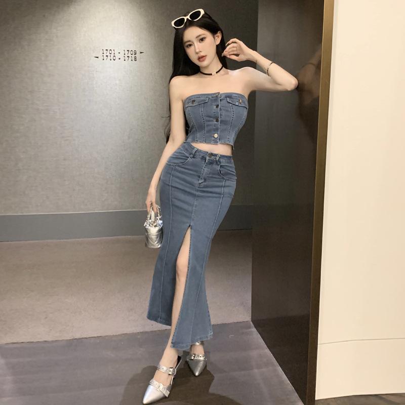 

Женская мода Spice Girl Tub Top Split Юбка Комплект S