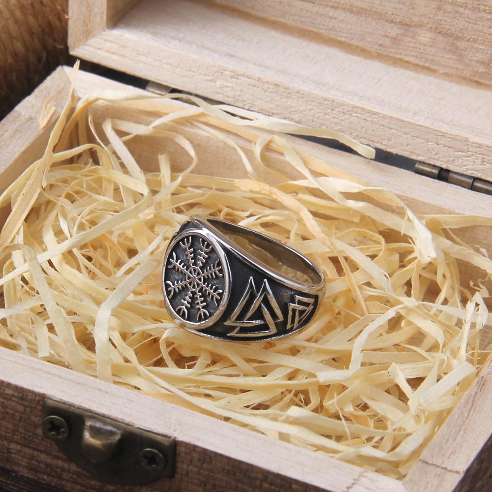 Viking Axe Ring Stainless Steel Odins Rune Signet Celtic Knot Biker Jewelry for Men with Wooden Box Gift
