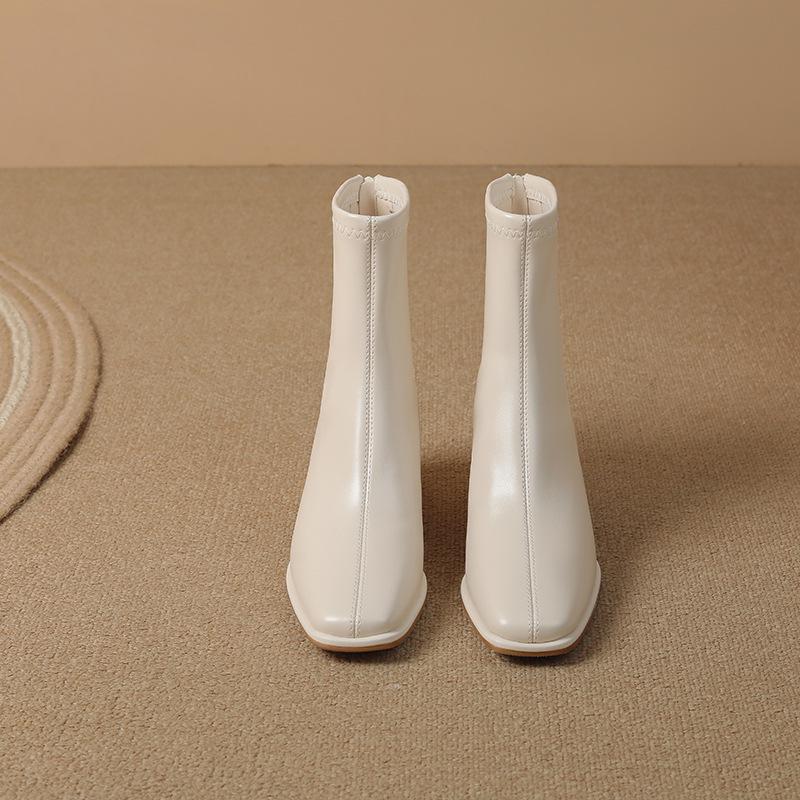 thick heel square head thin boots women's medium tube fashion simple temperament rear zipper autumn and winter new French soft leather Martin boots