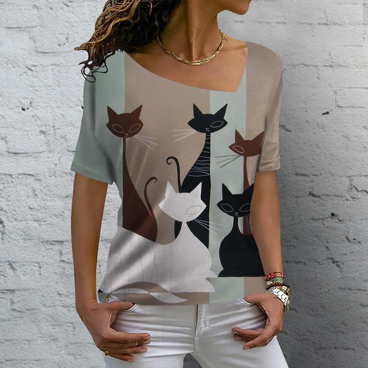 

Женская футболка с рисунком кота в стиле аниме, одежда для отдыха, летние футболки с v-образным вырезом и короткими рукавами, женская уличная одежда в стиле Харадзюку, блузка большого размера 3XL