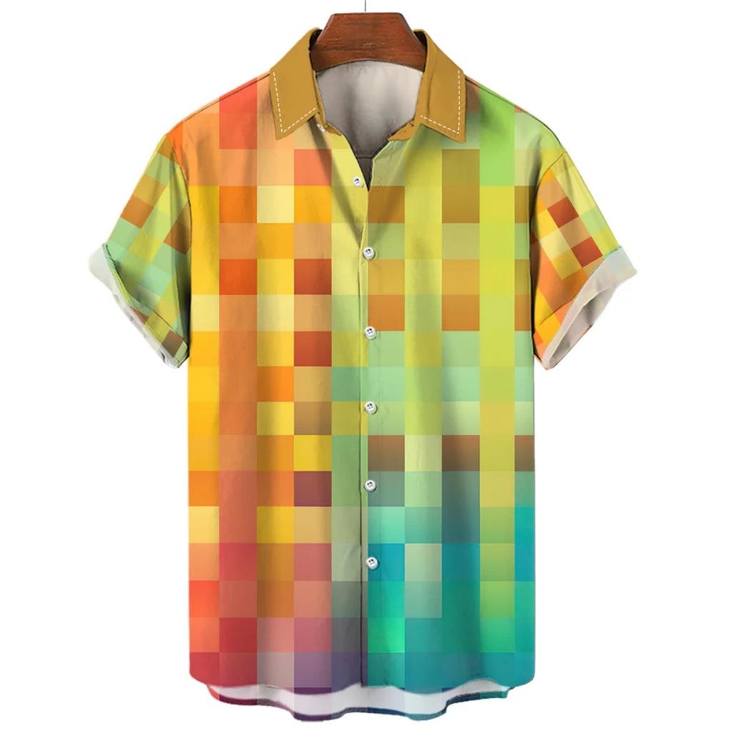 Men's Gradient Striped Short Sleeve Shirt, Loose Fit Casual Button-Down Top for Daily Commute and Vacation Wear