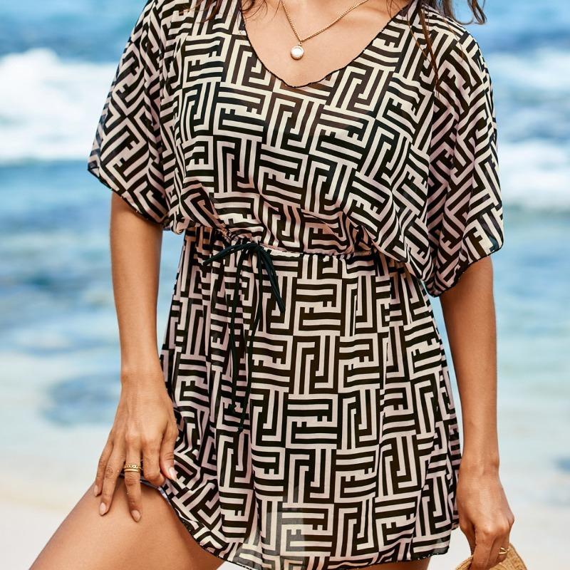 New European and American Popular Women's Beachwear Swimsuit Printed Sunscreen Blouse Pleated Swimsuit