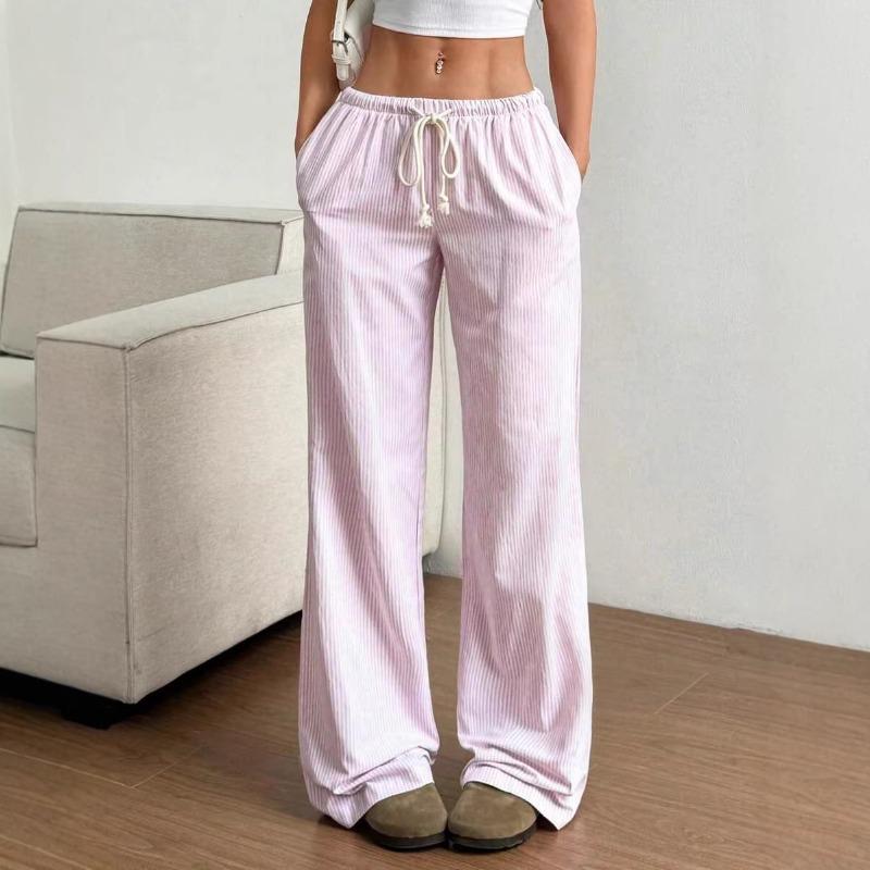 Damen Elastische Taille Gestreifte Weite Hosen Kordelzug Lässige Sommerhosen