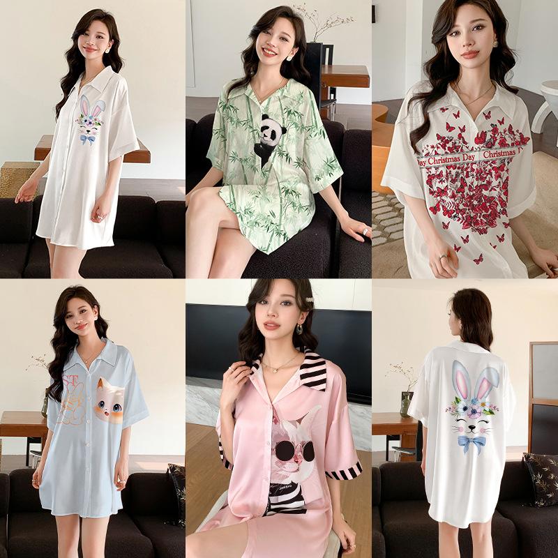 Ropa de Dormir Cómoda de Verano para Mujer Botones Delanteros Seda de Hielo Ropa para el Hogar Suelta Casual Estampada para Descansar