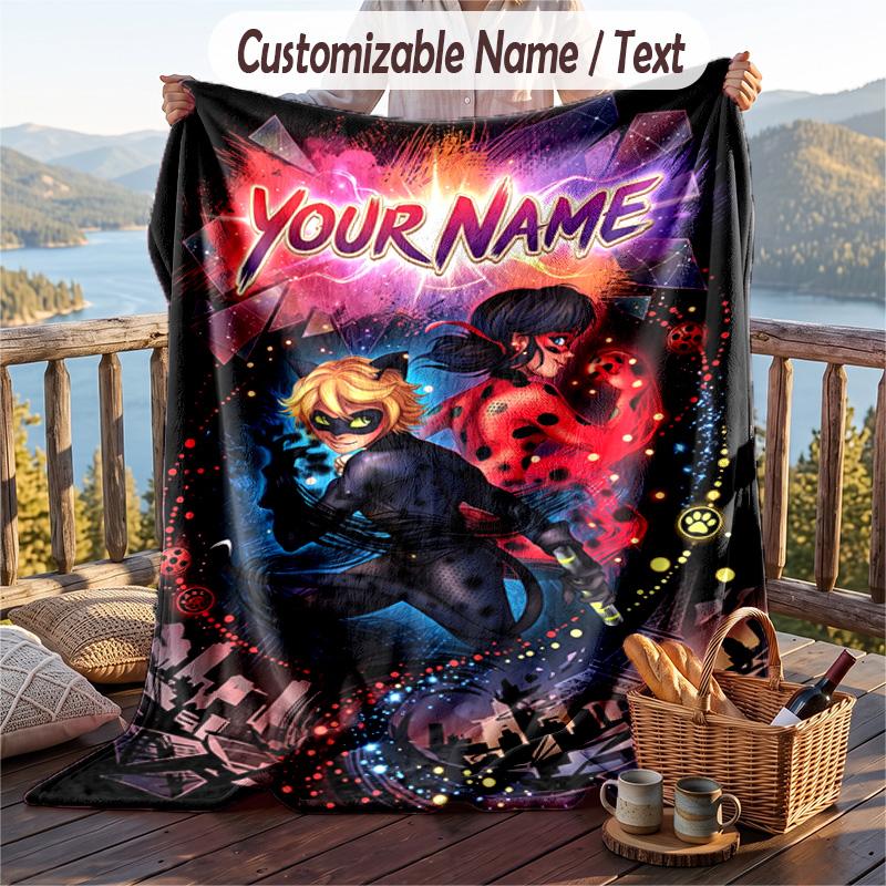 Miraculous Ladybug Flannel Blanket, Personalized Custom Name Text, Soft Warm Plush Throw Blanket For Gift