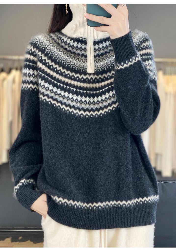 Women's Retro Fair Isle Wool Sweater - Autumn/Winter Loose Knit Outerwear