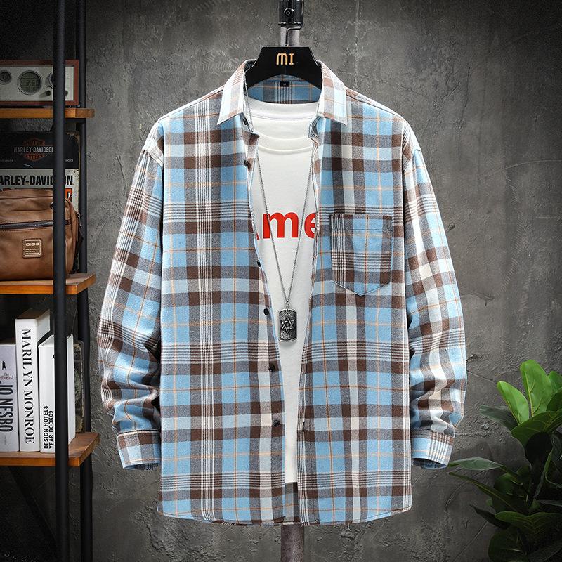 Men Casual Loose Plaid Turn Down Collar Long Sleeve Fashion Shirt