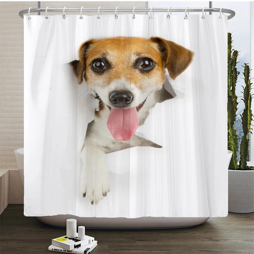 Funny Cute Cartoon Bathing Cat Dog Shower Curtains Bathroom Bathtub Decoration Waterproof Bath Curtain Home Decor with Hooks