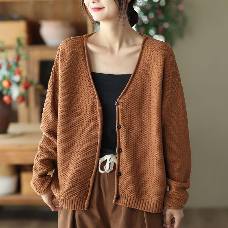Plus Size Women's Autumn Winter Sweaters Vintage Knitted Cardigan V-neck Full Sleeved Sweater Loose Casual Tops