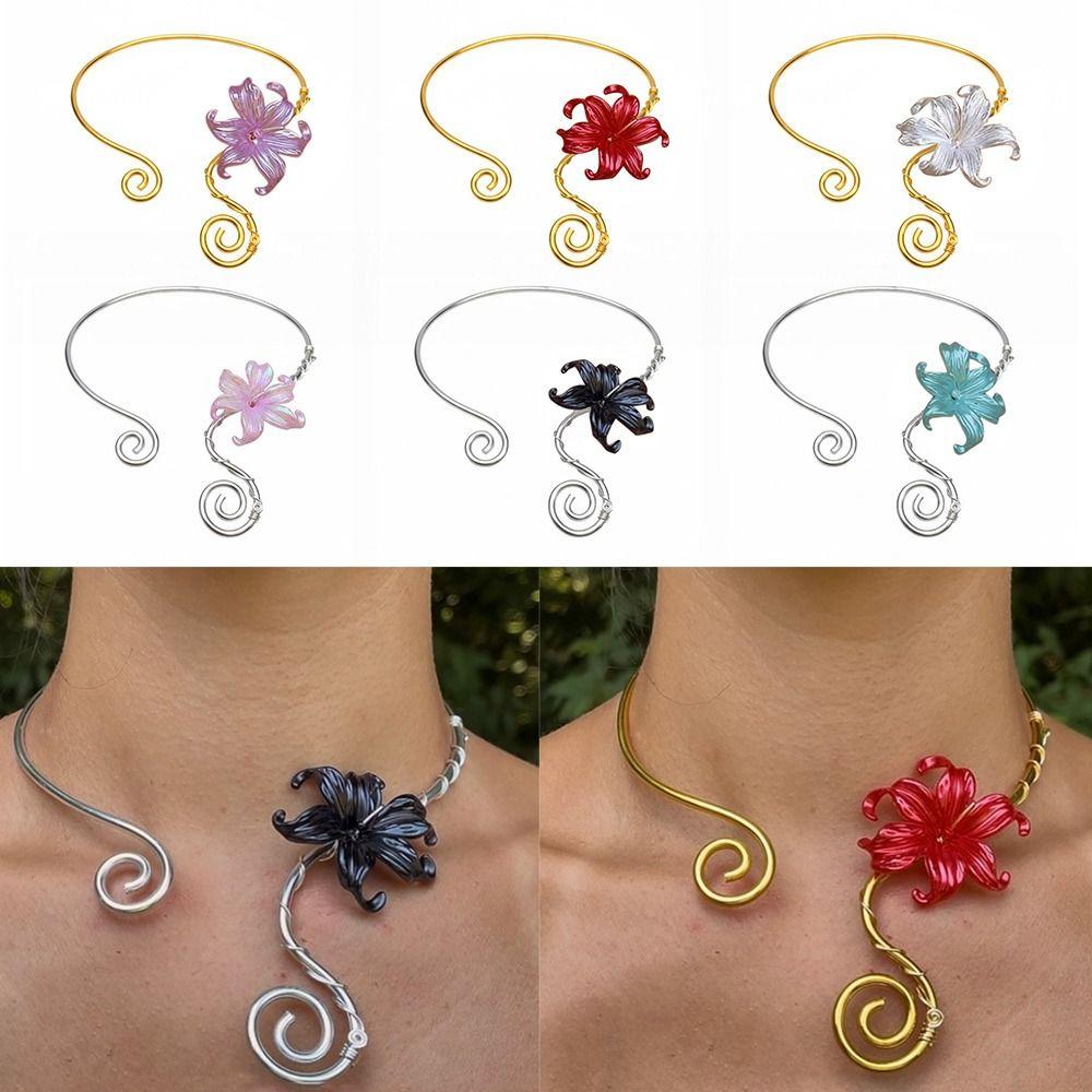 Flower Pattern Collar Necklace Colorful Women Necklace Vintage Iris Flower Necklace