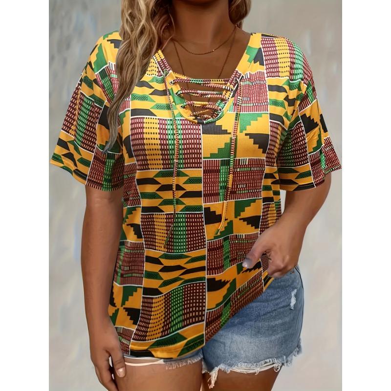 T-shirt da Donna Taglie Forti Tie Dye con Lacci Manica Corta Scollo a V Casual Vestibilità Larga Top Estivo