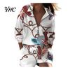Girls Shirt Shorts Suit 2Pcs/Set Women Turndown Collar Long Sleeves Metal Ring T-Shirt Pants Trousers Kit Zipper Spring Summer Feather Printed