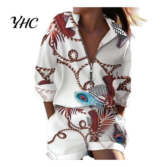 Girls Shirt Shorts Suit 2Pcs/Set Women Turndown Collar Long Sleeves Metal Ring T-Shirt Pants Trousers Kit Zipper Spring Summer Feather Printed
