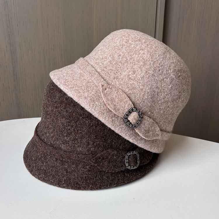 Small Brim Celebrity Temperament Retro Wool Top Hat Diamond Buckle British Fashion Autumn And Winter Thermal Basin Hat Women'S New Knitted Hat