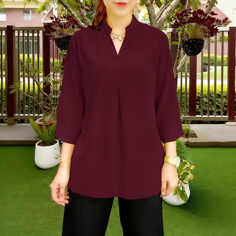 

ZANZEA Женская свободная блузка с V-образным вырезом и рукавом 3/4, однотонная, повседневная 5XL вино красного