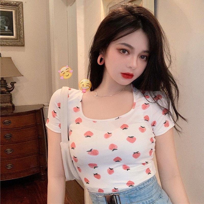 Sweet and Cool Babes Sexy Square Neck Short T-shirt Women's Summer Versatile Slim and Thin Bottoming Shirt Top Female Student Tide