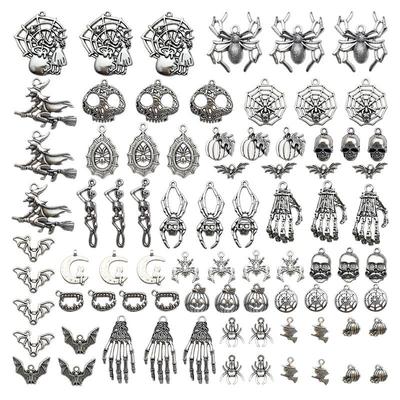 80-teiliges Halloween-Accessoire-Set: Kürbis, Schädel, Fledermauskrallen, Hexenanhänger, Halskette, DIY Ohrring-Set