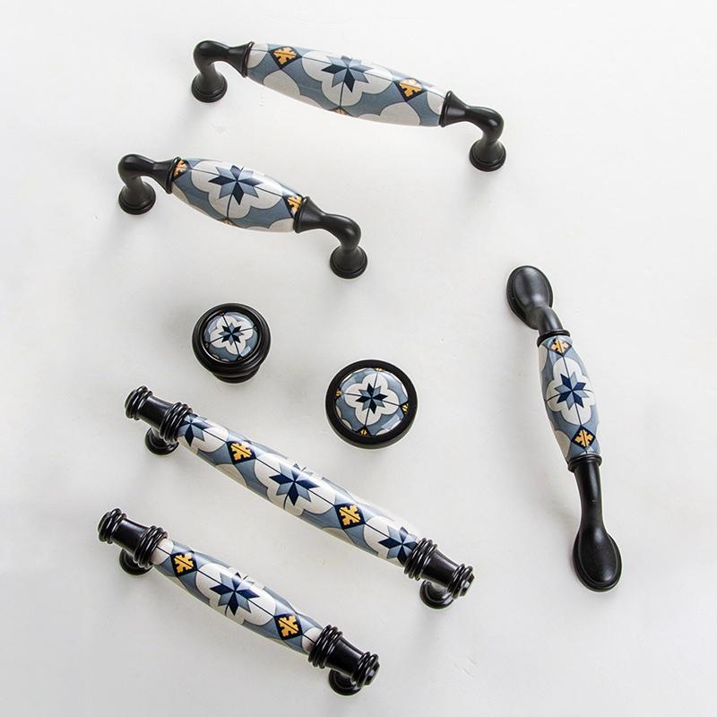 Nordic Style Blue Flower Ceramic Cabinet Pulls Non-slip Furniture Handles Knobs for Drawer Wardrobe Home Decor