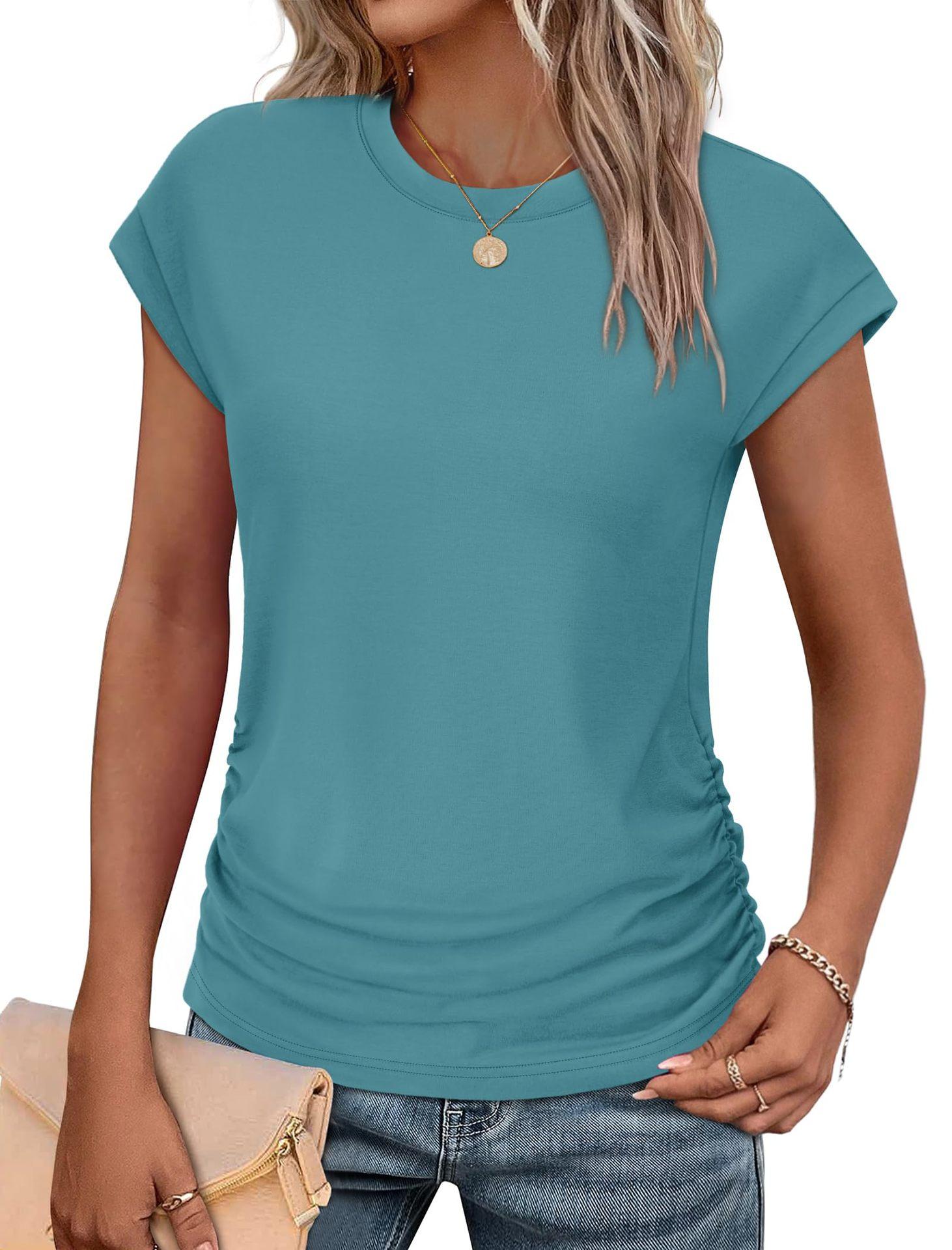 

2025 Весна/Лето Новая однотонная футболка с круглым вырезом и коротким рукавом для женщин L синий