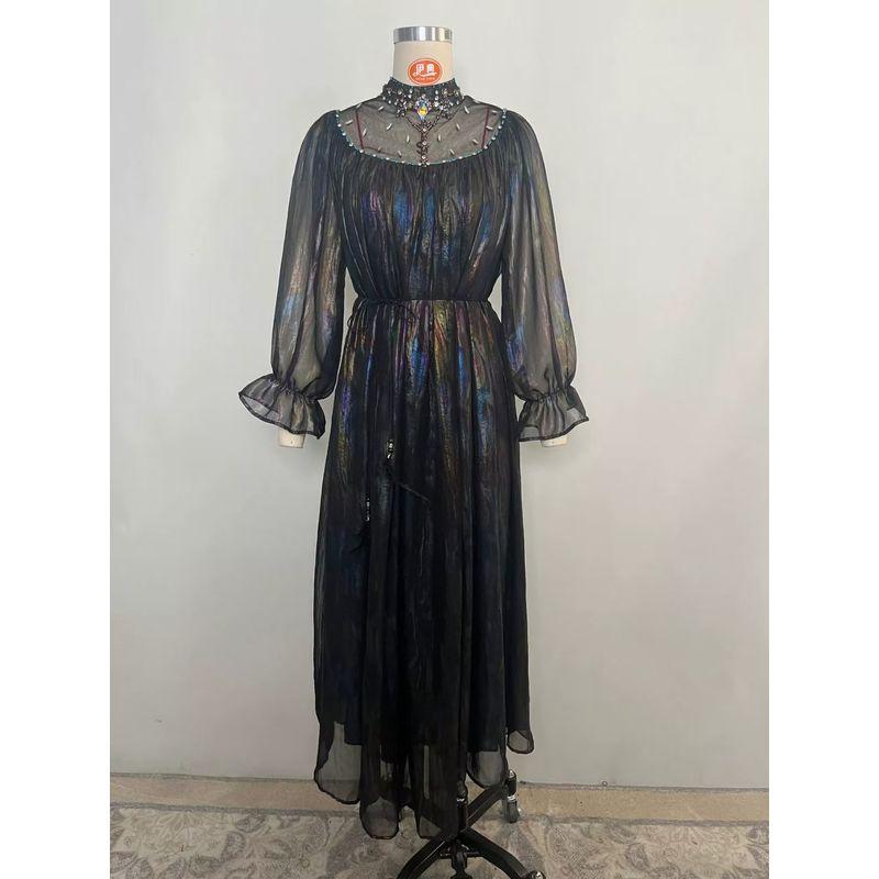 

European and American Magic Color Blooming Half-high Collar Handmade Seam Drill Mesh Dress Hand Sewn Diamond Dress Magic Black S