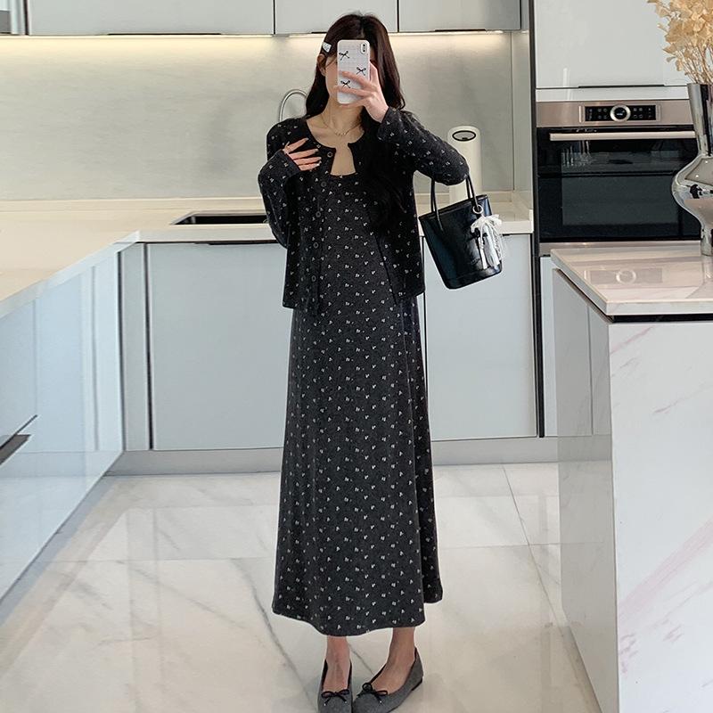 2026 Early Spring Floral Elegant Maternity Two-Piece Dress Set M