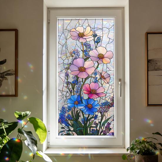 Rainbow Window Privacy Film, Decorative Static Cling Stickers, Heat Control & UV Blocking Glass Cling, Waterproof 100x45cm Static Glass Sticker for
