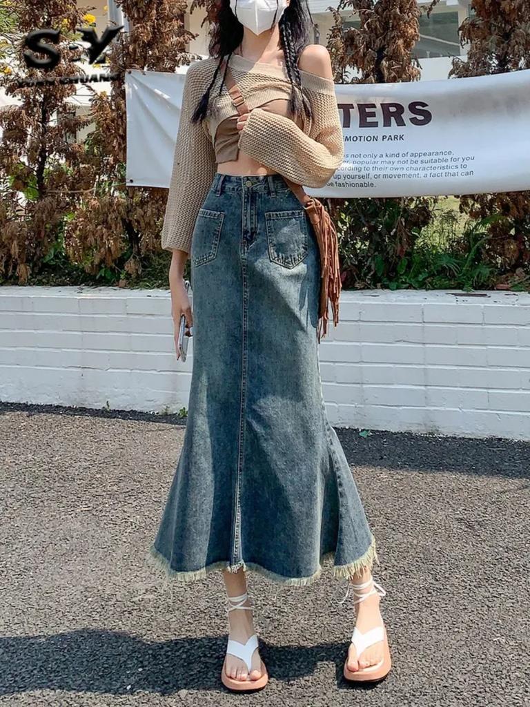 Irregular A-line Slim Skirt Spring And Summer High-end Elastic Waist Versatile Denim Skirt Women's Trendy Mid-length Skirt