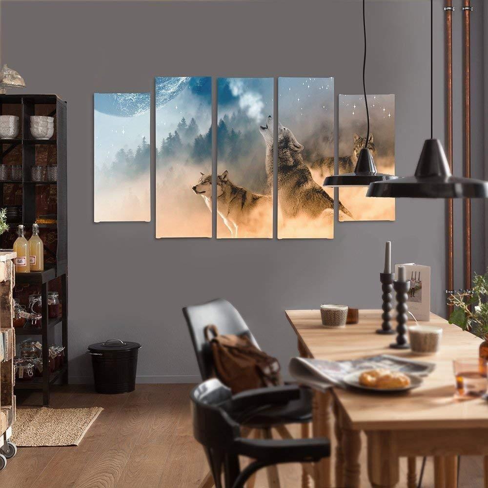 Five Piece Picture Canvas Print Wolves Misty Forest Nature