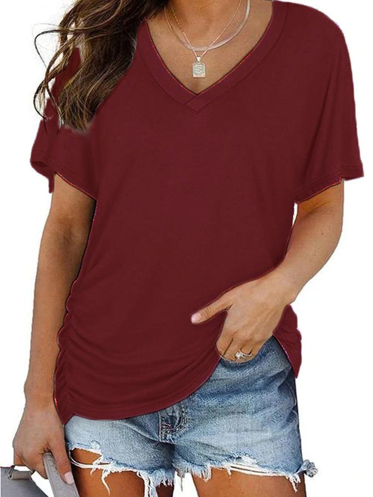 Summer Women's T-Shirt V-Neck Solid Short Sleeve Top