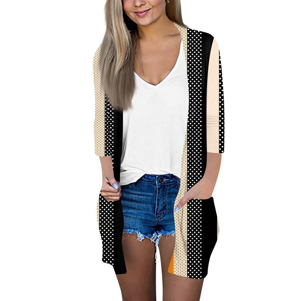 Women's Fashion Loose Casual Pocket Printed Cardigan Seven Sleeve Jacket Top