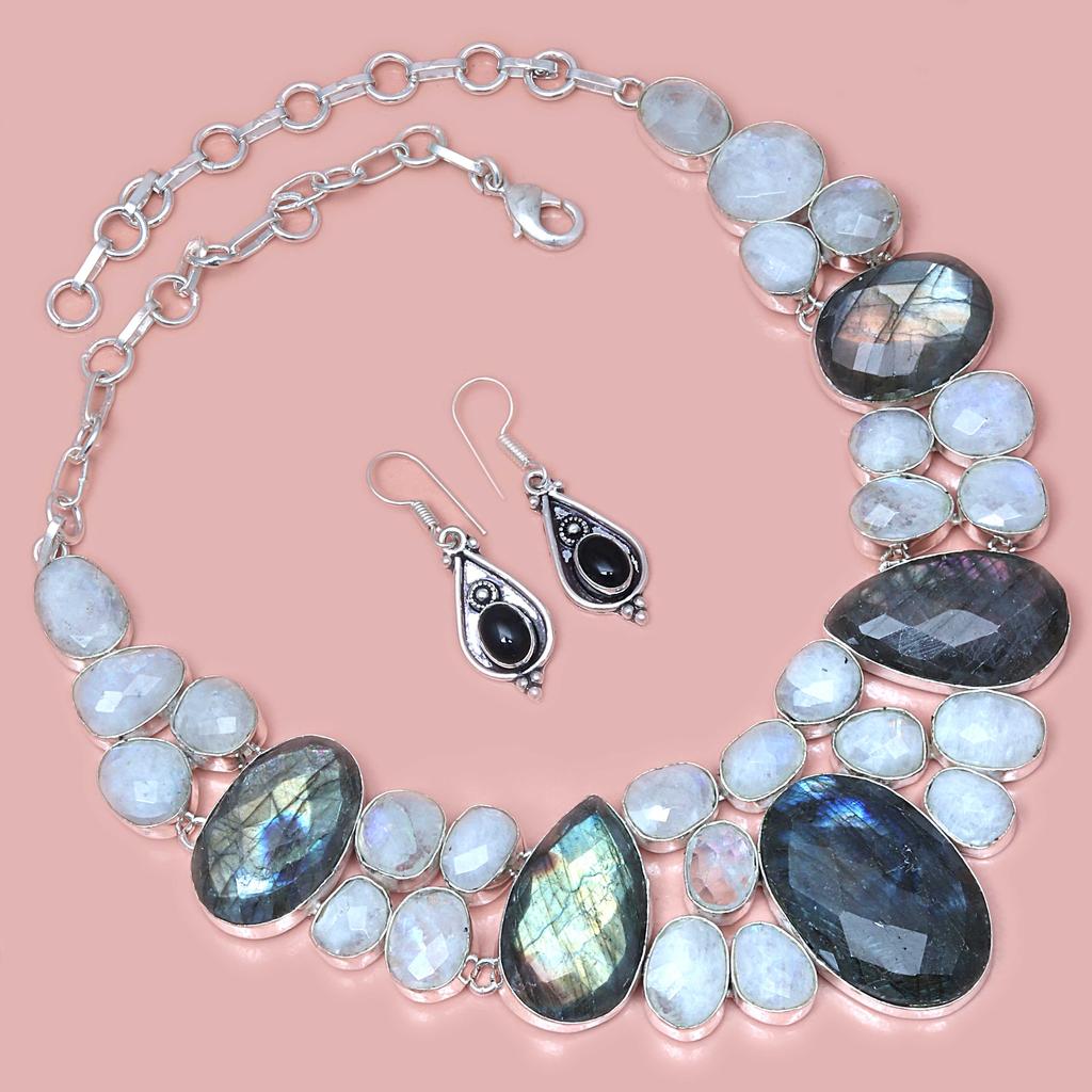 Moonstone Facited  LabradoriteGemstone Jewelry Necklace &Earrings 18-20''