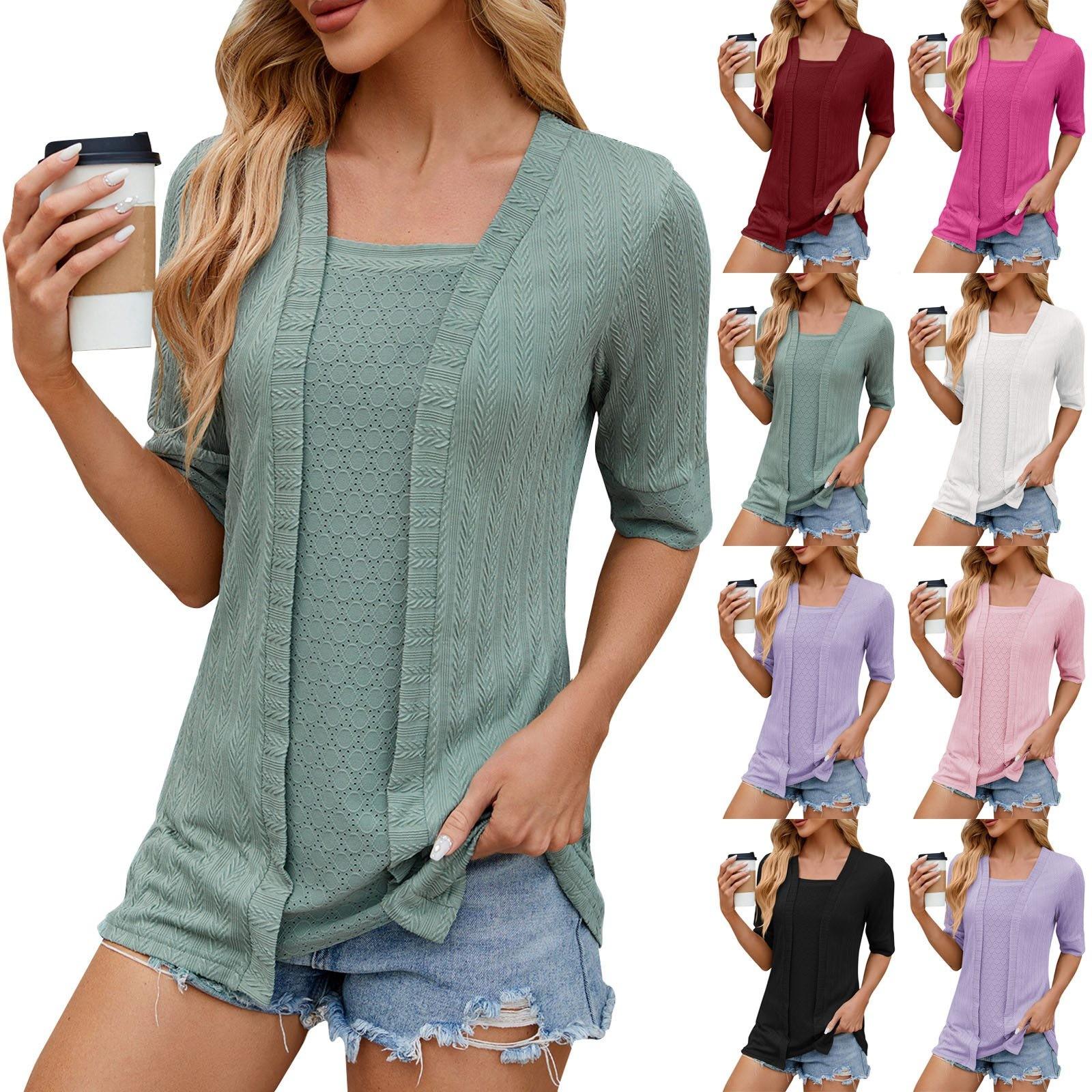 

Женская мода, однотонная футболка с квадратным вырезом в стиле пэчворк, повседневный топ с пятью точками и рукавами