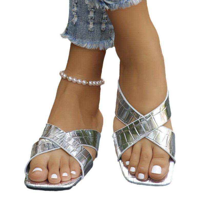 Wind large size solid color summer new square head cross one-word fashion women's flat slippers