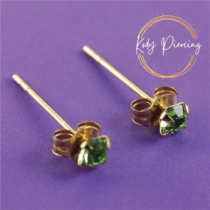 Katı 9 Ayar Altından Piercing Mücevher Küpeler - Taşlı Set: Yeşil Yuvarlak Kristal 3mm