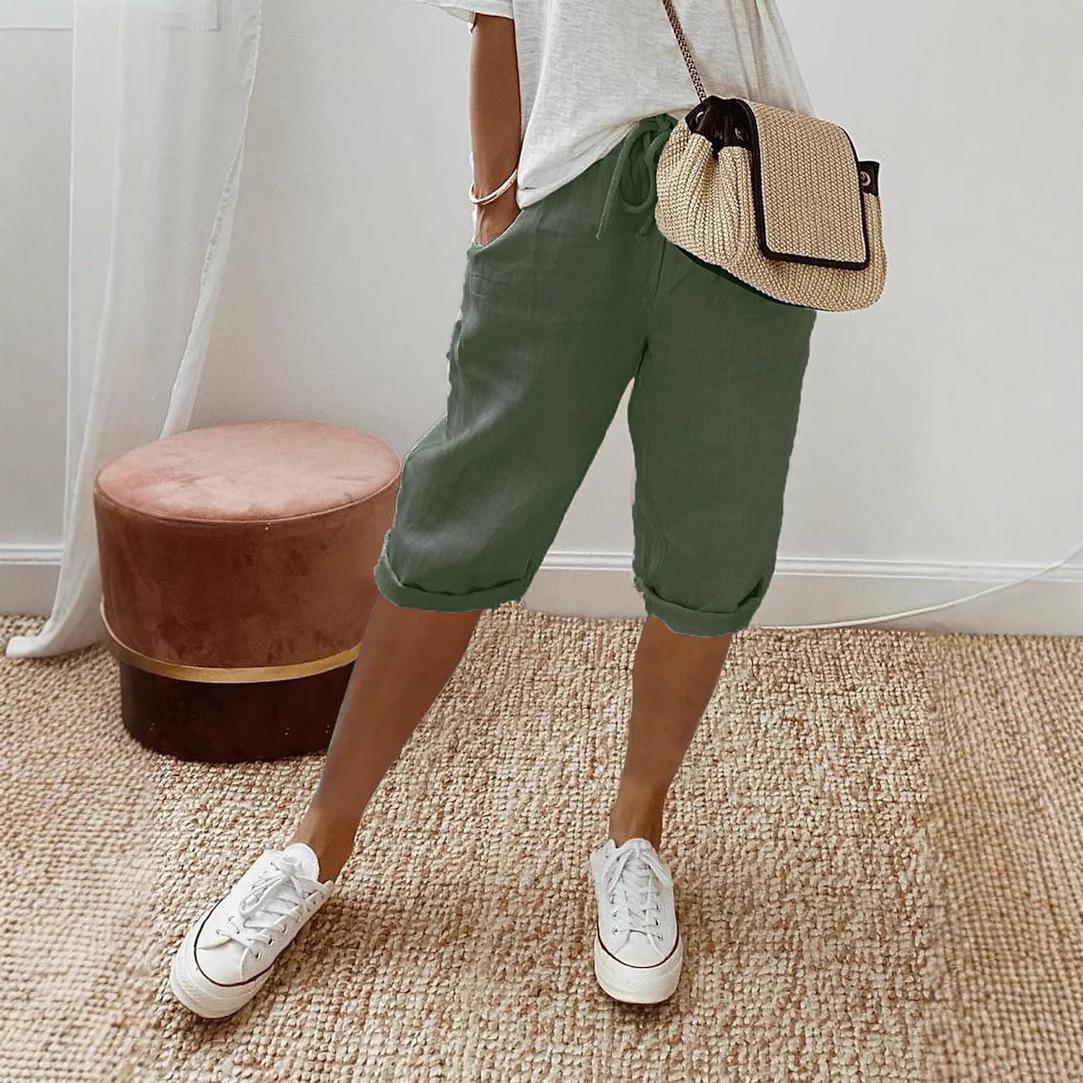 

2025 Женские хлопково-льняные эластичные брюки-капри с карманами 2XL армия зеленый