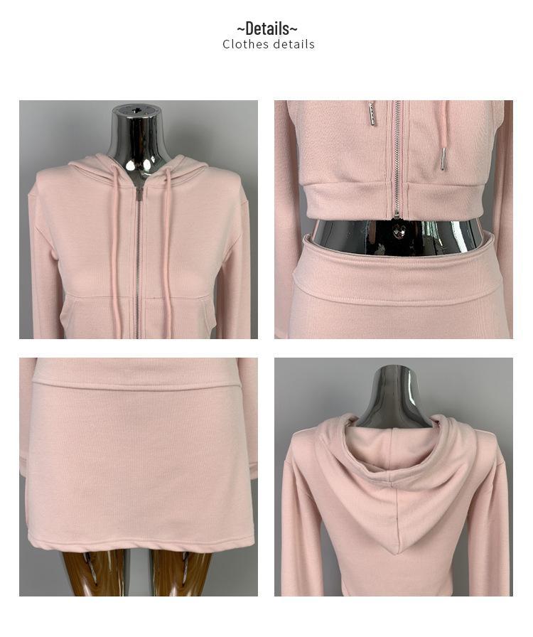 Korean Slim Sexy Cropped Hooded Cardigan & Low-Rise Skirt Set for Women